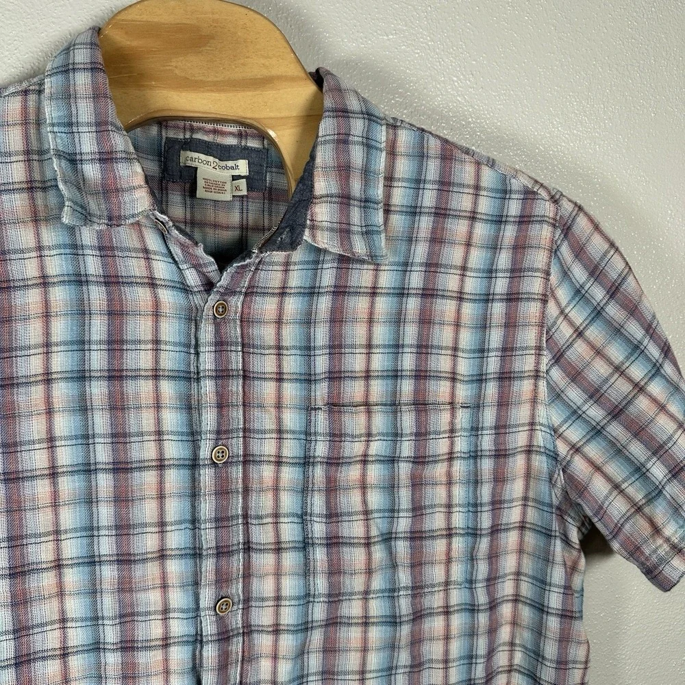 Carbon 2 Cobalt Shirt Mens XL Button Up Textured Short Sleeve Multi Plaid Cotton